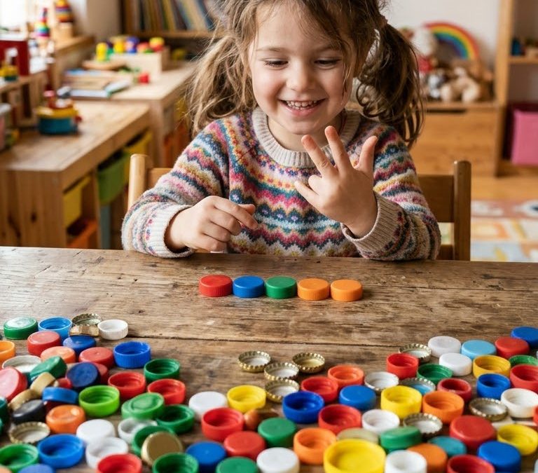 Young child using finger counting to add numbers while learning math at home