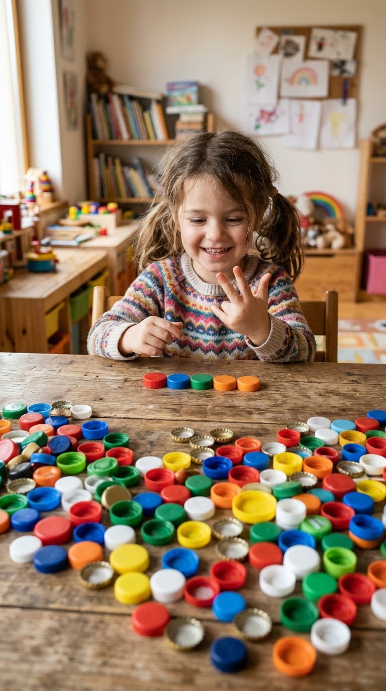 Young child using finger counting to add numbers while learning math at home